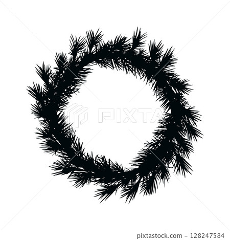 Black silhouette of a round pine tree wreath with sharp needles, minimalistic design, isolated on a white background, Sustainable Christmas concept. 128247584