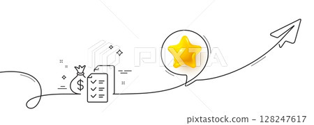 Accounting wealth line icon. Continuous line with share plane. Audit report sign. Check finance symbol. 3d star in speech bubble. Accounting wealth single line ribbon. Loop curve pattern. Vector Accounting wealth line icon. Continuous line with share plane. Audit report sign. Check finance symbol. 3d star in speech bubble. Accounting wealth single line ribbon. Loop curve pattern. Vector 128247617