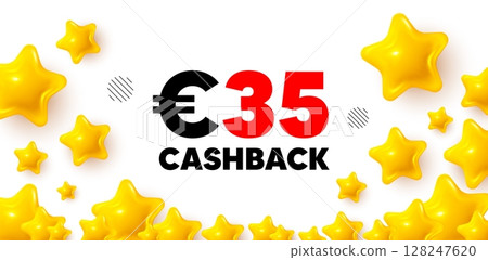 Cashback winner banner with 3d stars. Golden stars banner. 35 Eur cashback. Money back offer sign. Cash back promo symbol. Review rate background. Vector 128247620