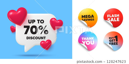 Discount tag speech bubble, sticker tags. Get free, Flash sale stickers. Up to 70 percent discount. Sale offer price sign. Special offer symbol. Save 70 percentages. Thank you tag. Vector Discount tag speech bubble, sticker tags. Get free, Flash sale stickers. Up to 70 percent discount. Sale offer price sign. Special offer symbol. Save 70 percentages. Thank you tag. Vector 128247623