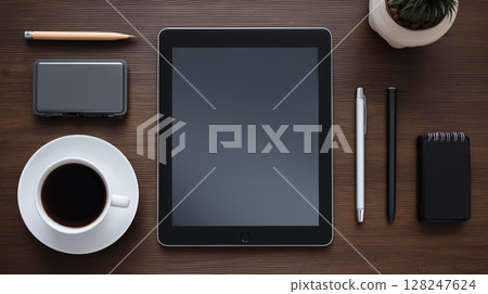 Tablet with coffee and office essentials Tablet with coffee and office essentials 128247624