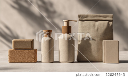 Natural beauty products with earthy tones on beige background with copy space, advertising concept Natural beauty products with earthy tones on beige background with copy space, advertising concept 128247643