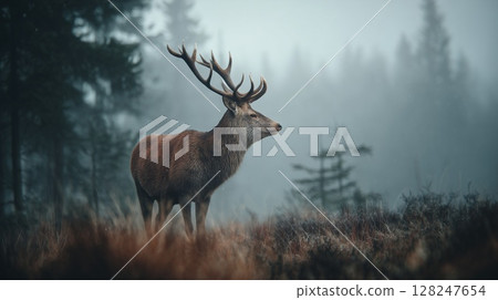 Majestic stag in misty woodland forest 128247654