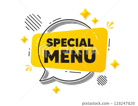Special menu chat speech bubble. Social media concept. Special menu tag. Kitchen food offer. Restaurant menu. Yellow chat message. Offer speech bubble. Glare 3d stars. Vector Special menu chat speech bubble. Social media concept. Special menu tag. Kitchen food offer. Restaurant menu. Yellow chat message. Offer speech bubble. Glare 3d stars. Vector 128247820
