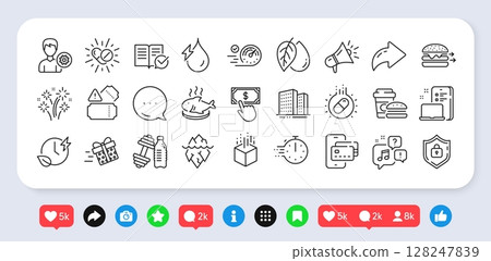 Phone pay, Speedometer and Shield line icons pack. Social media: share, comment, like icons. Iceberg, Medical drugs, Voicemail web icon. Vector Phone pay, Speedometer and Shield line icons pack. Social media: share, comment, like icons. Iceberg, Medical drugs, Voicemail web icon. Vector 128247839