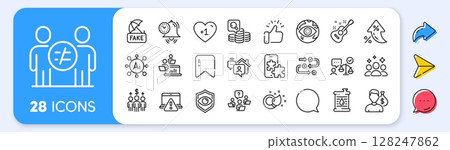 Fake news, Salary and Inspect line icons. Interest rate, AI generate, Inflation icons. Pack of Online warning, Discrimination, Eye detect icon. Survey progress, Guitar, Cyber attack pictogram. Vector 128247862