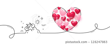 Mountain bike line icon. Continuous line big heart. Outdoor bicycle transport sign. Sport activity symbol. 3d hearts in heart shaped loop. Mountain bike single line ribbon. Loop curve pattern. Vector Mountain bike line icon. Continuous line big heart. Outdoor bicycle transport sign. Sport activity symbol. 3d hearts in heart shaped loop. Mountain bike single line ribbon. Loop curve pattern. Vector 128247863