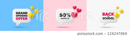 Discount chat speech bubble. 3d stars, sparkles, hearts chat bubbles. 50 percent discount tag. Sale offer price sign. Special offer symbol. Final sale, Back to school tag. Vector 128247869