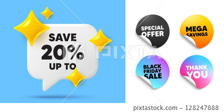 Discount speech bubble, sticker tags. Offer, Black friday stickers. Save up to 20 percent tag. Discount Sale offer price sign. Special offer symbol. Thank you tag. 3d sparkle chat bubble. Vector Discount speech bubble, sticker tags. Offer, Black friday stickers. Save up to 20 percent tag. Discount Sale offer price sign. Special offer symbol. Thank you tag. 3d sparkle chat bubble. Vector 128247888