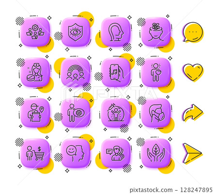 Eye protection, Friend and Anxiety line icons. App 3d buttons. Social media comment, share, like icons. Pack of Vaccine protection, Delivery man, Psychology icon. Vector 128247895