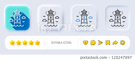 Lighthouse line icon. Neumorphic, Flat shadow, 3d buttons. Beacon tower sign. Searchlight building symbol. Line lighthouse icon. Social media icons. Vector 128247897