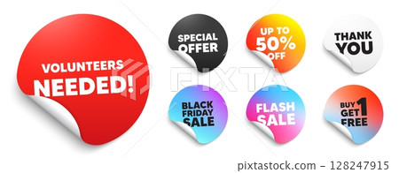 Volunteers needed red sticker tag. Special offer paper price tags. Volunteers needed tag. Volunteering service sign. Charity work symbol. Discount, black friday sticker. Promo banner. Vector 128247915