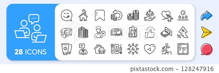 Cloud computing, Home and Leader run line icons. Interest rate, AI generate, Inflation icons. Pack of Currency, Remove account, Furniture moving icon. Vector 128247916