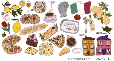 A whimsical set of hand-drawn sketches with splashes of color, Dolce Vita is inspired by the Mediterranean lifestyle. Includes food, drinks, flowers, summer decor and travel items. 128247919