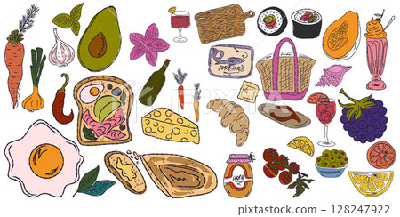 A whimsical set of hand-drawn sketches with splashes of color, Dolce Vita is inspired by the Mediterranean lifestyle. Includes food, drinks, flowers, summer decor and travel items. 128247922