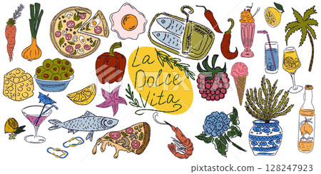A whimsical set of hand-drawn sketches with splashes of color, Dolce Vita is inspired by the Mediterranean lifestyle. Includes food, drinks, flowers, summer decor and travel items. A whimsical set of hand-drawn sketches with splashes of color, Dolce Vita is inspired by the Mediterranean lifestyle. Includes food, drinks, flowers, summer decor and travel items. 128247923