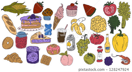 A whimsical set of hand-drawn sketches with splashes of color, Dolce Vita is inspired by the Mediterranean lifestyle. Includes food, drinks, flowers, summer decor and travel items. 128247924