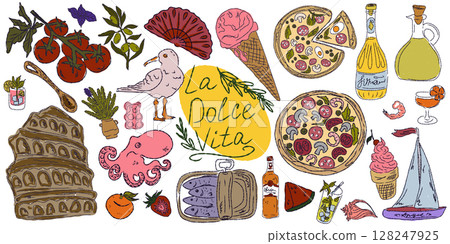 A whimsical set of hand-drawn sketches with splashes of color, Dolce Vita is inspired by the Mediterranean lifestyle. Includes food, drinks, flowers, summer decor and travel items. A whimsical set of hand-drawn sketches with splashes of color, Dolce Vita is inspired by the Mediterranean lifestyle. Includes food, drinks, flowers, summer decor and travel items. 128247925