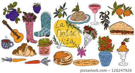 A whimsical set of hand-drawn sketches with splashes of color, Dolce Vita is inspired by the Mediterranean lifestyle. Includes food, drinks, flowers, summer decor and travel items. A whimsical set of hand-drawn sketches with splashes of color, Dolce Vita is inspired by the Mediterranean lifestyle. Includes food, drinks, flowers, summer decor and travel items. 128247926
