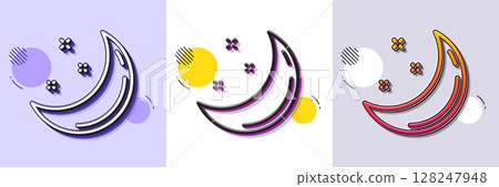 Moon and stars line icon. Halftone dotted pattern. Gradient icon with grain shadow. Night sign. Sleep symbol. Line moon stars icon. Various designs. Vector 128247948