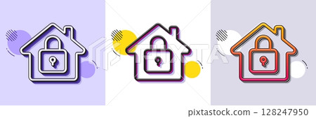 Lock line icon. Halftone dotted pattern. Gradient icon with grain shadow. Home protection sign. House padlock symbol. Line lock icon. Various designs. Vector 128247950
