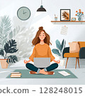 A modern freelance professional balances remote work and wellness in a cozy home setting. The image shows a person multitasking between yoga and answering emails, surrounded by everyday essentials: a 128248015