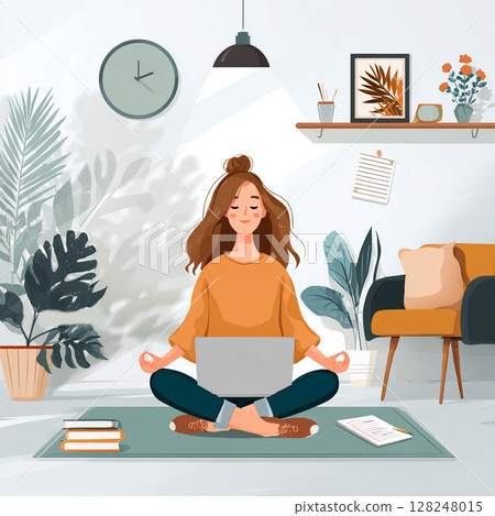 A modern freelance professional balances remote work and wellness in a cozy home setting. The image shows a person multitasking between yoga and answering emails, surrounded by everyday essentials: a 128248015