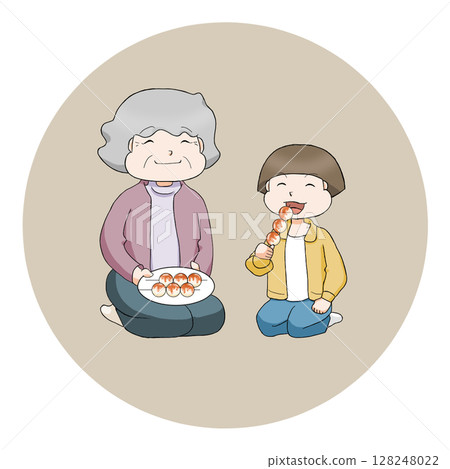Boy and grandma eating mitarashi dango 128248022