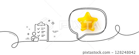 Checklist line icon. Continuous line with 3d star. Clipboard document sign. Questioning survey symbol. 3d star in speech bubble. Checklist single line ribbon. Loop curve pattern. Vector 128248042