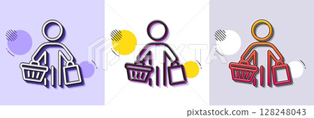 Buyer with shopping cart line icon. Halftone dotted pattern. Gradient icon with grain shadow. Customer with bags sign. Supermarket client symbol. Line buyer icon. Various designs. Vector 128248043