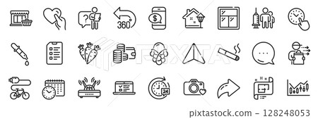 Checklist, Financial diagram and Web lectures line icons pack. Share, Message, Paper plane icons. Food delivery, Electric bike, Smoking web icon. Vector 128248053