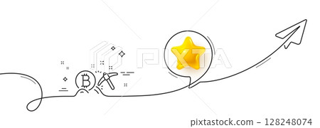 Bitcoin mining line icon. Continuous line with share plane. Cryptocurrency coin sign. Crypto money pickaxe symbol. 3d star in speech bubble. Bitcoin mining single line ribbon. Vector 128248074