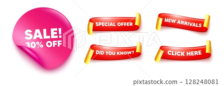 Sale sticker, offer ribbons. New arrivals, Click here. Sale 30 percent off discount. Promotion price offer sign. Retail badge symbol. Pink sticker tag. Flag ribbon banners. Vector 128248081