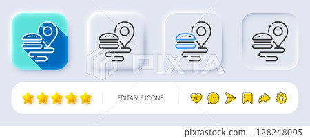 Food delivery line icon. Neumorphic, Flat shadow, 3d buttons. Location map pin sign. Fast food service symbol. Line food delivery icon. Social media icons. Vector 128248095