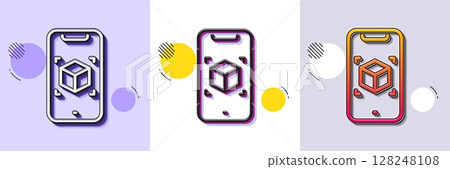 Augmented reality phone line icon. Halftone dotted pattern. Gradient icon with grain shadow. VR simulation sign. 3d cube symbol. Line augmented reality icon. Various designs. Vector 128248108