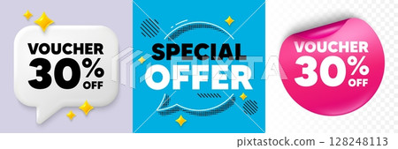 Coupon speech bubble. 3d sparkles chat, Paper sticker. Voucher 30 percent off sale. Special offer coupon sign. Black friday discount symbol. Special offer bubble. Halftone dots pattern. Vector 128248113