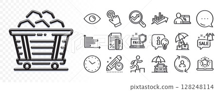 User info, Coal trolley and Promotion bell line icons for web app. Glare of light effect. Message icon. Pack of Time, Delivery insurance, Online education pictogram icons. Vector 128248114