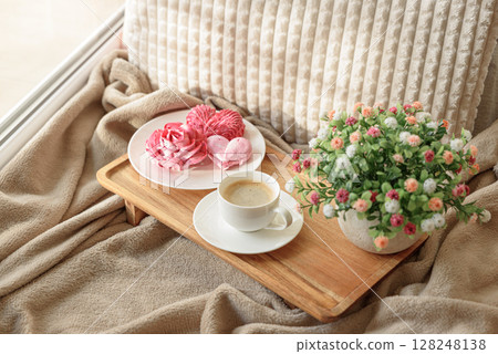 Cozy Valentine's Day Morning: coffee with rose and heart shape marshmallow 128248138
