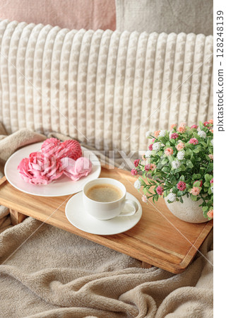 Cozy Valentine's Day Morning: coffee with rose and heart shape marshmallow Cozy Valentine's Day Morning: coffee with rose and heart shape marshmallow 128248139