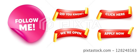 Follow me sticker, offer ribbons. Apply now, Did you know. Follow me tag. Special offer sign. Super offer symbol. Pink sticker tag. Flag ribbon banners. Vector Follow me sticker, offer ribbons. Apply now, Did you know. Follow me tag. Special offer sign. Super offer symbol. Pink sticker tag. Flag ribbon banners. Vector 128248163