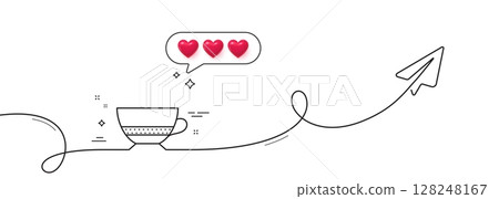 Bombon coffee icon. Continuous line with share plane. Hot drink sign. Beverage symbol. Hearts rate review in speech bubble. Bombon coffee single line ribbon. Loop curve pattern. Vector 128248167