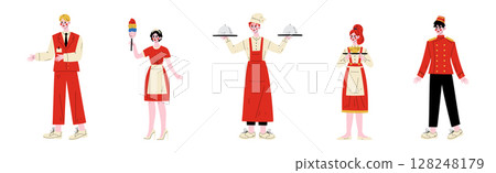 Hotel Staff Man and Woman Character in Red Uniform Vector Set 128248179