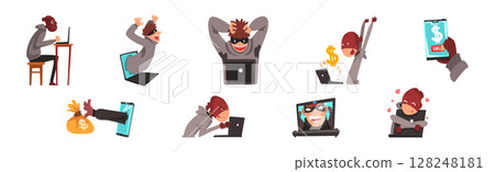 Man Hacker Character Stealing Money Online Vector Set Man Hacker Character Stealing Money Online Vector Set 128248181
