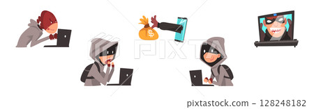 Man Hacker Character Stealing Money Online Vector Set Man Hacker Character Stealing Money Online Vector Set 128248182