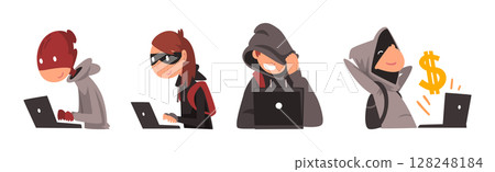 Man Hacker Character Stealing Money Online Vector Set 128248184