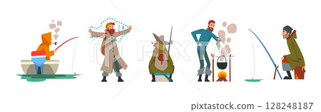 Happy Fisherman Character Catching and Angling in Pond or River Vector Set Happy Fisherman Character Catching and Angling in Pond or River Vector Set 128248187