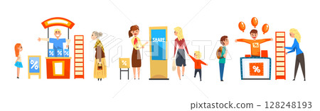 Sales Promotion with Man and Woman Promoter Character Advertising Products or Services Vector Set Sales Promotion with Man and Woman Promoter Character Advertising Products or Services Vector Set 128248193