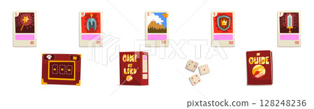 Game of Lord with Dice, Cards, Map and Guide Book Vector Set 128248236