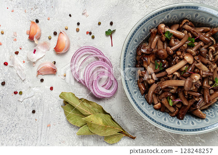 pickled honey mushrooms, in a bowl, homemade, top view, no people, pickled honey mushrooms, in a bowl, homemade, top view, no people, 128248257
