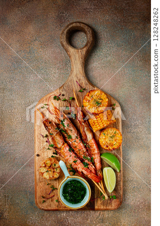 langoustines on skewers, shrimp kebab, with fried corn, spices and herbs, homemade, no people, 128248262